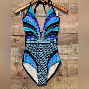 Costal Blue Blue & Black Geometric Striped One Piece Swimsuit size Medium Halter